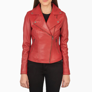 Chaqueta motorista roja de cuero genuino para mujer personalizada | Ropa de abrigo ajustada a la moda para Mujer | Fábrica de proveedores al por mayor OEM ODM - Product Image 2
