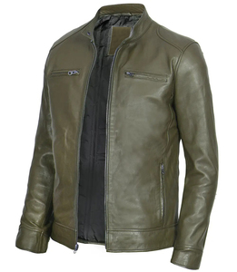 Men's Casual <b>Racer</b> Cuffs Leather <b>Jackets</b> Comfortable Fitted Cordura Waterproof Inner Soft Polyester Liner Green Color Blank - Product Image 2