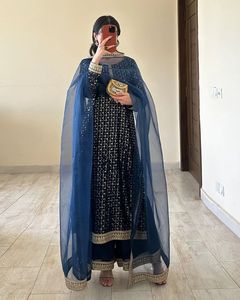 Most Selling Women Exclusive Party Wedding Traditional Wear <b>Indian</b> Boutique Navy Blue Sharara Suit Gold Shimmer Boutique Work - Product Image 1