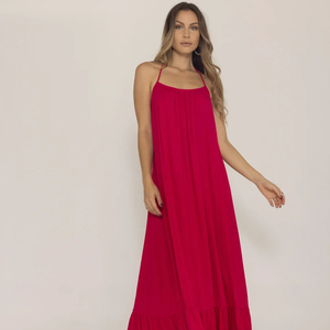 Attrayant vacances plage rouge sans manches vêtements femmes Boho col rond plaine dos nu longue Boho longue Maxi robe - Product Image 1