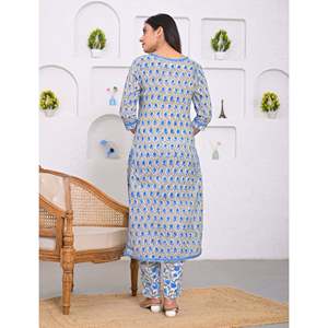 Ensemble Kurta et pantalon en coton gris imprimé à blocs pour filles, tenue traditionnelle ethnique Salwar Kameez pour les occasions spéciales et les fêtes, en tissu filet - Product Image 5