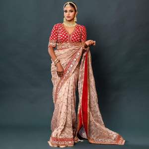 Hermosa pesada suave Organza Peech Saree última blusa elegante exclusiva étnica elegante fiesta boda ropa nupcial para mujeres niñas - Product Image 4