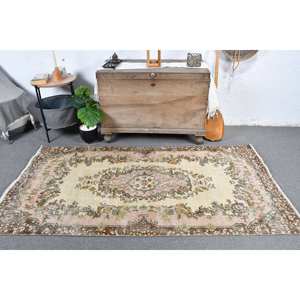 Tapis turc vintage beige marron 3.7x7 pieds fait à la main classique grande surface rectangle laine latex support patchwork pour chambre d'ado - Product Image 1