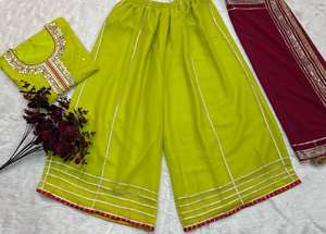 ชุดคุर्ตาชาราร่าผ้าจอร์เจตต์ปักลายลูกไม้สีเขียวมะนาวเหนือเข่า ยูนิตี้ ลักซ์เชอร์ พร้อมผ้าคลุมไหล่สีตัดกัน - Product Image 6