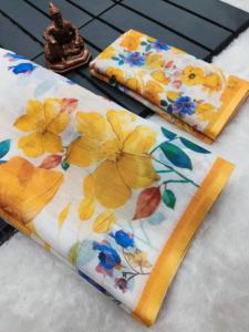 เสื้อส่าหรีพิมพ์ลายดอกไม้พื้นเมืองลายดอกไม้: ลายดอกไม้บนผ้าไหม Lilen Slub - Product Image 5