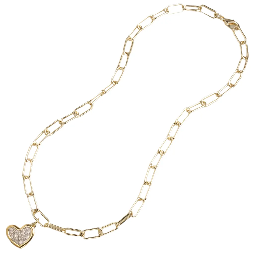 Fashion Bestseller 14K Real Gold Plated Brass Paper Clip Chain Necklace with Heart Charm Woman Girl *A6505GK