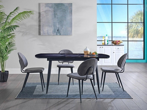 Ensemble de salle à manger moderne de luxe, table extensible à motif marbre noir avec 4 chaises rembourrées en velours gris, pieds en métal noir - Product Image 1