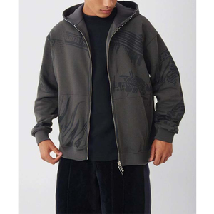 Sudadera con Capucha de Algodón Gris de Manga Larga de Alta Calidad, Talla Grande, Holgada, con Cierre Completo, Estampado Gráfico Cuadrado para Hombre - Product Image 3