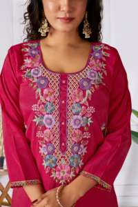 Designer Chanderi Silk Shimmer 3 Pcs Floor-Length Party Kurti Set Elegant <b>Ladies</b> Ethnic <b>Indian</b> Traditional <b>Kurta</b> Pant Suit - Product Image 3