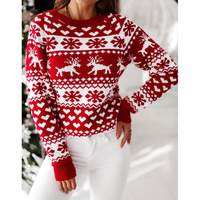 Premium-Qualität Damen Winter Süßer Langer Flacher Gestrickter Dicker Bedruckter Wolle/Kaschmir Weihnachtspullover mit Rentier- und Sternmotiv vorne