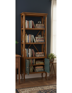 Heritage Two Door Bookshelf with Cross Side Detailing in Natural Mango Wood Finish with Colored Doors - Product Image 1