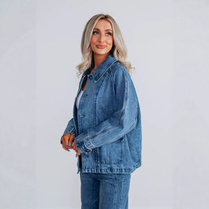 Classic Blue Wash Denim <b>Jacket</b> <b>for</b> <b>Women</b> Oversized Long Sleeve Jean Coat Casual Button Outerwear Fashion Streetwear Cotton - Product Image 4