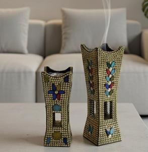 Décoration d'intérieur de style arabe, écologique, fait à la main, finition dorée métallique, orné de perles de pierre colorées, brûleur à encens Bakhoor - Product Image 3