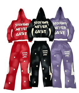 Sweat à capuche zippé boxy délavé à l'acide et pantalon moins évasé pour hommes survêtements personnalisés avec lettres et patchs brodés en détresse vêtements de sport - Product Image 4