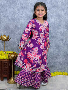 Ensemble de créateurs pour filles violet Salwar Kameez confortable en coton mélangé, extensible, séchage rapide, vêtements de fête pour enfants - Product Image 2