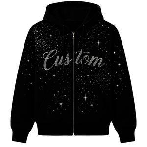 Glory Custom Black Rhinestone Star Zip Up Hoodie 100% Cotton Soft Eco Friendly Fabric For Unisex Comfort Wear - Product Image 1