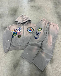 Custom Heavyweight Oversized Acid Wash Screen Printing Sleeve Embroidery Rhinestone Distressed Sweatpants Jogger Tracksuit Set - Product Image 5