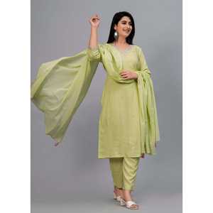 Conjunto de mujer verde oliva liso bordado Kurta con pantalones y Dupatta - Product Image 5