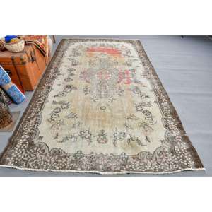 Tapis vintage, tapis turc 5,8x10 pieds, tapis en laine à carreaux marron rouge - Product Image 1