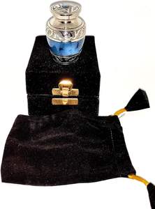 Classic Small Mini Cremation <b>Keepsake</b> Urn for Human Ashes with <b>Box</b> and Velvet <b>Box</b> - 2.6 inch - Blue Fire Design Made of Brass - Product Image 2