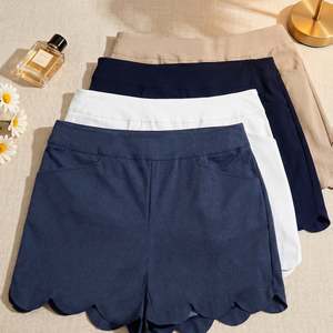 Pantaloncini da donna a vita media, con orlo smerlato, elasticizzati, casual, estivi, con tasche, in denim, bianco, blu navy, sahara, confezione da 4 - Product Image 1