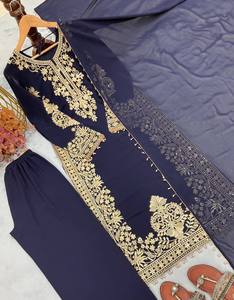 Superbe ensemble Salwar en Georgette de Soie Vert Brodé Main, Réversible, Infroissable, Longueur Midi – Élégant pour Fêtes, Été comme Hiver - Product Image 4