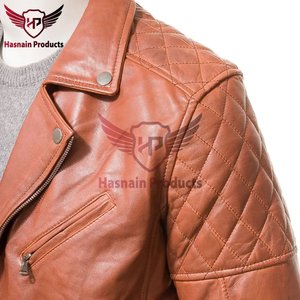Blouson en cuir pour homme, couleur tan, style motard, matelassé losanges aux épaules, coupe ajustée, en cuir d'agneau véritable, vêtement d'extérieur décontracté pour moto - Product Image 3
