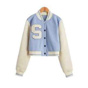 Hot Sale Women's Crop <b>Bomber</b> <b>Jacket</b> <b>Shearling</b> Fashion Letter Patch Design Breathable Knitted Coats for Outdoor Season 1990 - Product Image 4