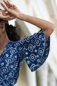Brilliant Indigo Hue Hand-Embroidered & Printed Pure Cotton Women's Indigo Wrap Top Vision Of Elegance And Artistry - Product Image 6