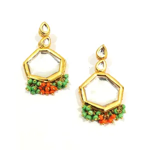 Conjunto de Collar Kundan Meenaakri con Cuentas Naranjas y Verdes, con Circones, Joyería Fina de Lujo para Bodas y Regalos, Chapado en Oro - Product Image 5