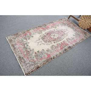 Vintage Area Rug 3.6x7 ft, Red <b>Brown</b> Check Rug <b>Wool</b> - Product Image 2