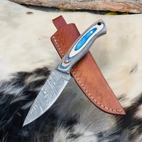 Couteau de chasse et de camping artisanal en acier Damas de RB Knives |   Couteau à lame fixe Full Tang de qualité industrielle avec manche en bois et étui en cuir OEM