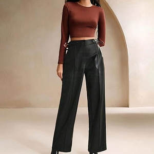 Pantalons en cuir décontractés confortables respirants à taille mi-haute pour femmes en gros, couleur rose, automne-hiver - Product Image 3