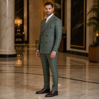 Costume Homme Vert Sauge à Carreaux Marine, Double Boutonnage, Revers Pointus, Boutons en Corne, Sur Mesure pour Affaires