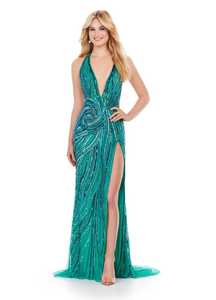 Vestido largo acampanado con cuello en V antiestático con diseño simétrico con cuentas en la parte delantera y abertura lateral para fiesta, cóctel, ropa de noche - Product Image 5