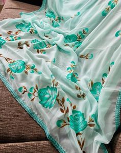 Hermosos saris de seda para adultos con huella de mano y Zari dorado con borde Chikankari en colores a juego - Product Image 6