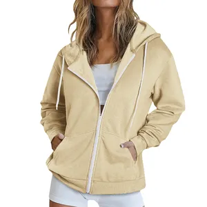 Sudaderas con capucha informales de manga larga personalizadas para mujer de otoño e invierno, sudaderas con capucha y cremallera de algodón transpirable para mujer