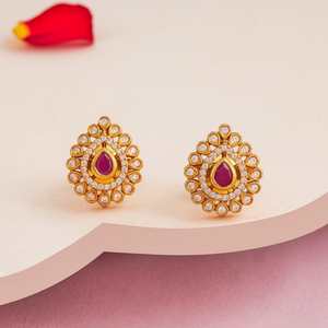 Vintage Style <b>Silver</b> Temple Earrings Trendy Religious Stainless Steel <b>Studs</b> with Floral Bezel Setting for Wedding Occasions - Product Image 2