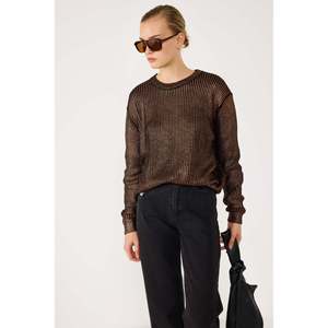 Suéter de Punto Casual para Mujer con Detalles Metálicos, Corte Holgado, Cuello con Lazo, Logotipo y Decoración con Patrón en la Parte Delantera, Talla XS, Corte Largo - Product Image 3