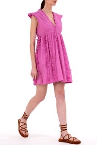 Robe courte rose sans manches à col en V et volants, style décontracté d'été en coton et fibre de bambou pour femme - Product Image 4