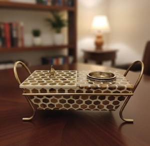 Premium Honeycomb Wooden <b>Bakhoor</b> <b>Burner</b> with Storage Compartment Luxury Arabic Incense Holder Tabletop Aromatherapy Gift Set - Product Image 4