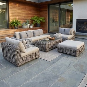 Grey <b>rattan</b> outdoor set chunky woven <b>sofa</b> set 5 piece patio lounge set grey wicker sectional <b>sofa</b> outdoor ottoman glass coffee t - Product Image 2