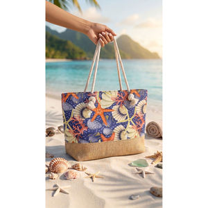 Portable Patterned Beach <b>Bag</b> with <b>Straw</b> Detail Zippered Closure Polyester Lining for Summer-128 - Product Image 1
