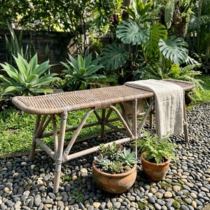 New Modern Minimalist Rhodes III Kuboo Rattan <b>Bench</b> Natural Cane Frame Woven Grey Rattan Long <b>Bench</b> Dining Living Room Patio - Product Image 4