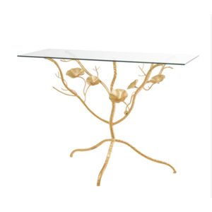 Tables basses et d'appoint de luxe en verre rond sur base en métal plaqué or de qualité supérieure, design Feuilles de Ginkgo - Product Image 4