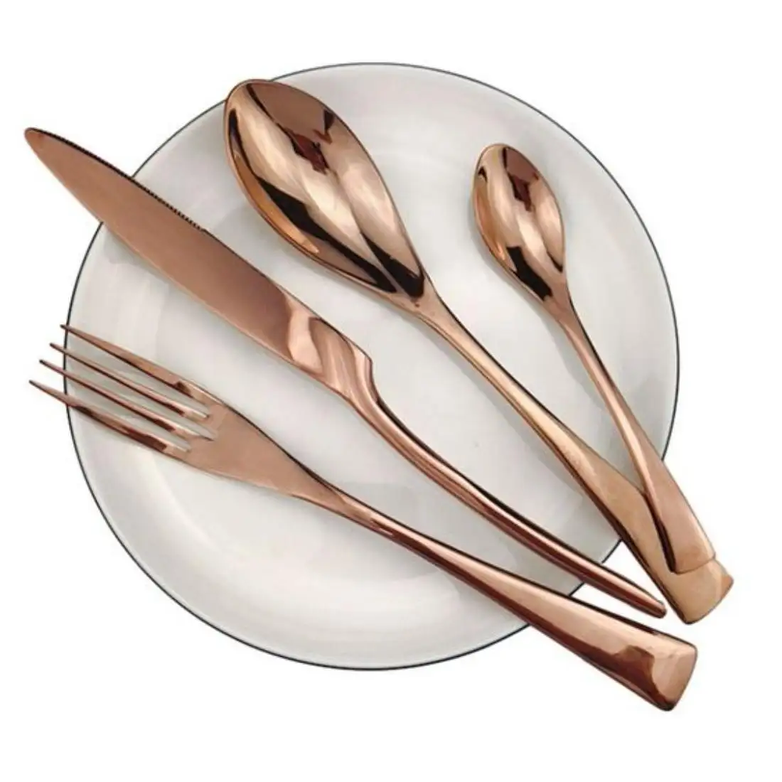 Set alat makan baja tahan karat gaya Premium dengan nada tembaga keluaran baru alat makan sendok garpu logam dengan tutup