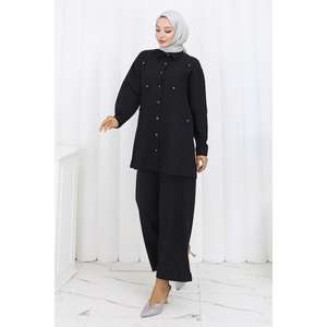 Conjunto de Dos Piezas Minimalista Casual de Longitud Media, Cuello Redondo, Color Negro Piedra, 100% Poliéster, Estilo 19367 - Product Image 3