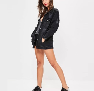 แจ็กเก็ตผ้ายีนส์ของผู้หญิงแจ็กเก็ตผ้ายีนส์มีรอยขาดสีดำย้อมติดกระดุมสไตล์ซักกลางตามสั่ง - Product Image 6