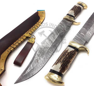 Couteau de chasse professionnel en acier Damas de 18 pouces, couteau Bowie artisanal de collection avec manche en bois de cerf et étui en cuir et laiton - Product Image 2