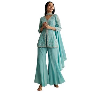 Azul cielo Chinon abertura frontal Kurta Palazzo traje con gargantilla estilo Dupatta venta al por mayor mujeres Ropa Étnica OEM fábrica proveedor a granel - Product Image 4